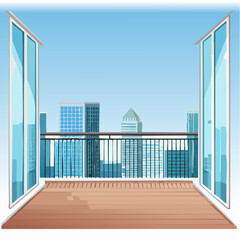 Fototapeta premium Spacious balcony view overlooking urban skyline with modern buildings and clear blue sky
