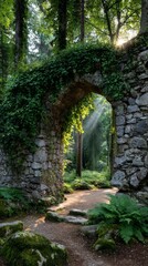 Sunlit stone archway in lush forest with ivy-covered ruins and sunbeams
