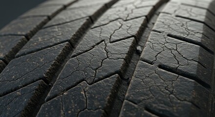 Closeup of a cracked weathered tire tread showing wear and texture