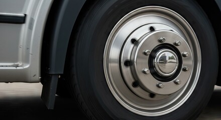 Closeup of a truck wheel showcasing the shiny metal hub tire and vehicles side