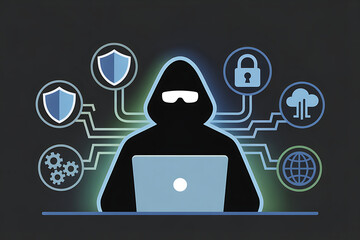 Cyber Hacker with Sunglasses and Warning Symbols Vector Art
