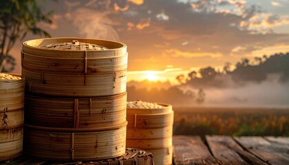 Bamboo steaming baskets stacked warm straw tones right copy zone wallpaper background representing culinary craft detail suitable for clean food branding
