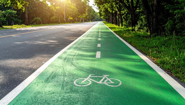 Bicycle lane asphalt with even green strip brand free wide sky area wallpaper background representing urban mobility surface suitable for clean modern design