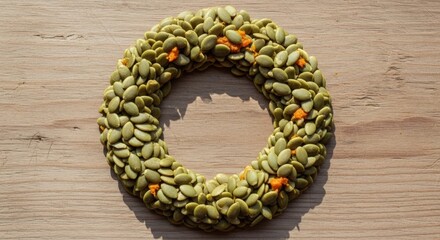 Obraz premium Pumpkin seed wreath on wood table, a healthy autumn harvest celebration