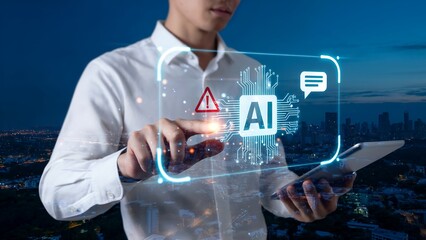 Professional interacting with AI interface displaying chip and warning sign, symbolizing data analysis and digital transformation in a modern cityscape at dusk