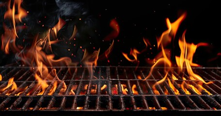 Flames dancing above a grill in a dark setting, creating a warm atmosphere for cooking