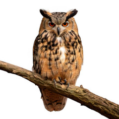 Obraz premium Owl sitting on branch, isolated on white and transparent background