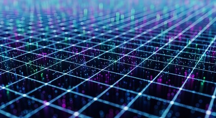 Conceptual visualization of a glowing blue and purple data matrix, representing big data, network infrastructure, and technological concepts