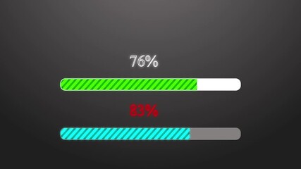 Animated progress bars sixty three seventy five percent digital hud neon interface background. Neon green cyan animated progress bars loading screen hud ui ux design seamless loop motion.