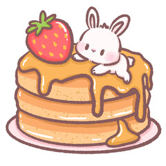 Cute bunny laying on a stack of pancakes drizzled in caramel and strawberry dessert clipart adorable pastel illustration perfect for invitations greeting cards scrapbooking and craft projects