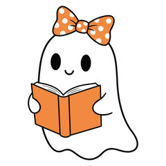 Cute Ghost Reading Book Orange Bow