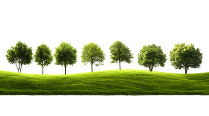 Fototapeta premium Green trees line a rolling grassy hill, Isolated on white background