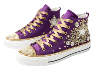 Purple high top sneakers embellished with gold stars and rhinestones isolated on a transparent background