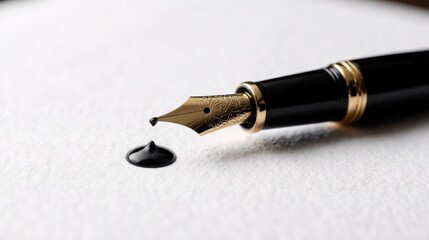 Fototapeta premium Elegant fountain pen nib with a drop of black ink on white paper