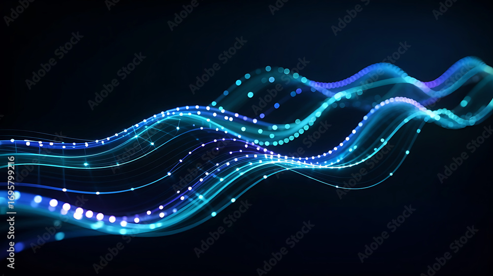 Poster abstract flowing waves of blue and teal light particles creating a futuristic digital data stream