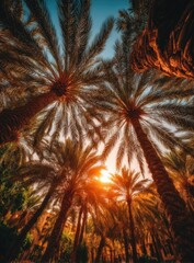 Palm trees in a lush oasis at sunset
