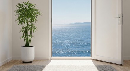 Bright Ocean View through Open Door, Lush Plant Inside Modern Room
