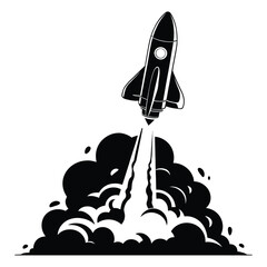 Fototapeta premium Rocket Launch Icon Black Silhouette of Rocket with Smoke Trail on White Background for Space Missions, Technology, and Science Design Use