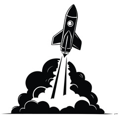 Fototapeta premium Black silhouette of rocket launching with smoke on white background vector design