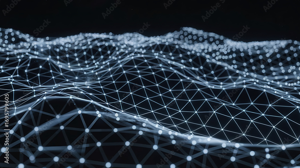 Poster abstract digital network of glowing interconnected nodes forming a complex geometric landscape on a 