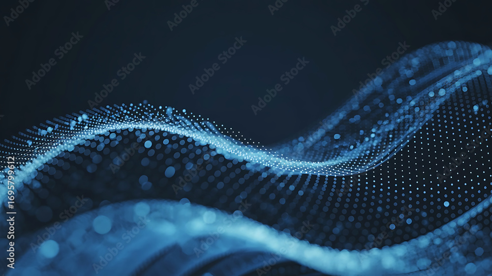 Poster abstract glowing blue digital wave pattern composed of countless small particles and dots on a dark 