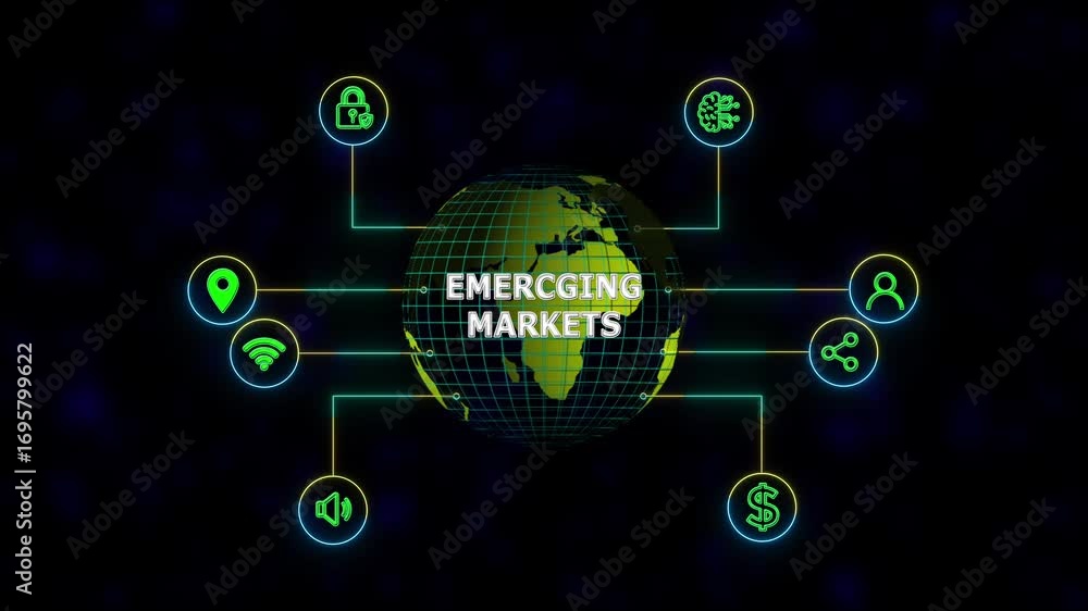 Poster sees the inscription: emerging markets ,new business concept ,tee icon attached around the map featu