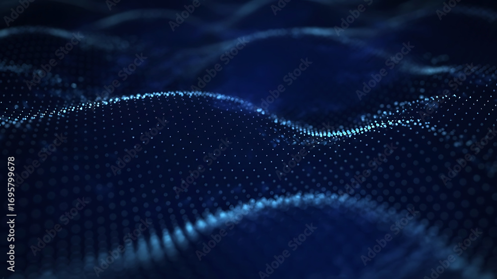 Poster abstract flowing waves of glowing blue particles creating a futuristic digital data stream on a dark