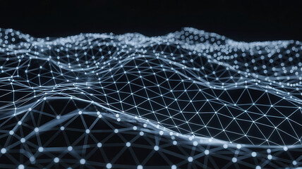Abstract digital network of glowing interconnected nodes forming a complex geometric landscape on a dark background