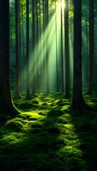 Obraz premium Sunlight filters through a dense forest casting light on the mossy ground below