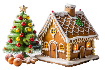 Homemade gingerbread house decorated with white snowy conifer forest scene, model fir trees, icing sugar snow, on transparent background