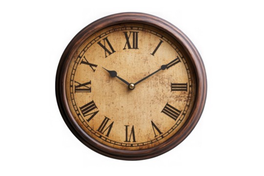 Vintage wall clock with Roman numerals and distressed face isolated on a transparent background time