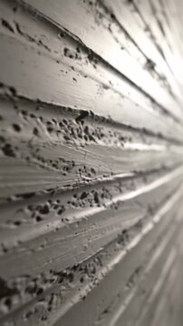 Cinematic ultra-HD close-up video of raw concrete wall showing formwork striations and exposed aggregate. Soft raking light highlights tactile detail, shallow depth of field, concept of foundational