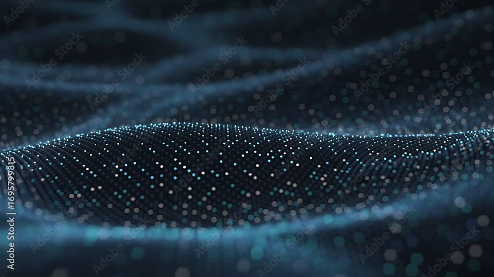 Poster abstract dark blue digital wave pattern with glowing particles and intricate geometric structure