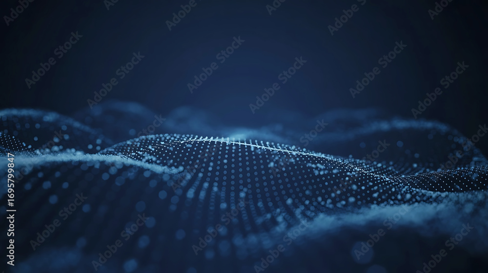 Poster abstract digital wave of glowing particles and lines creating a futuristic landscape on a dark backg
