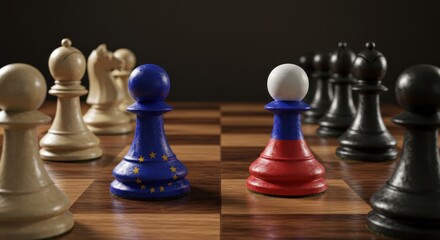 Naklejka premium Chessboard with EU and Russia pawns facing off