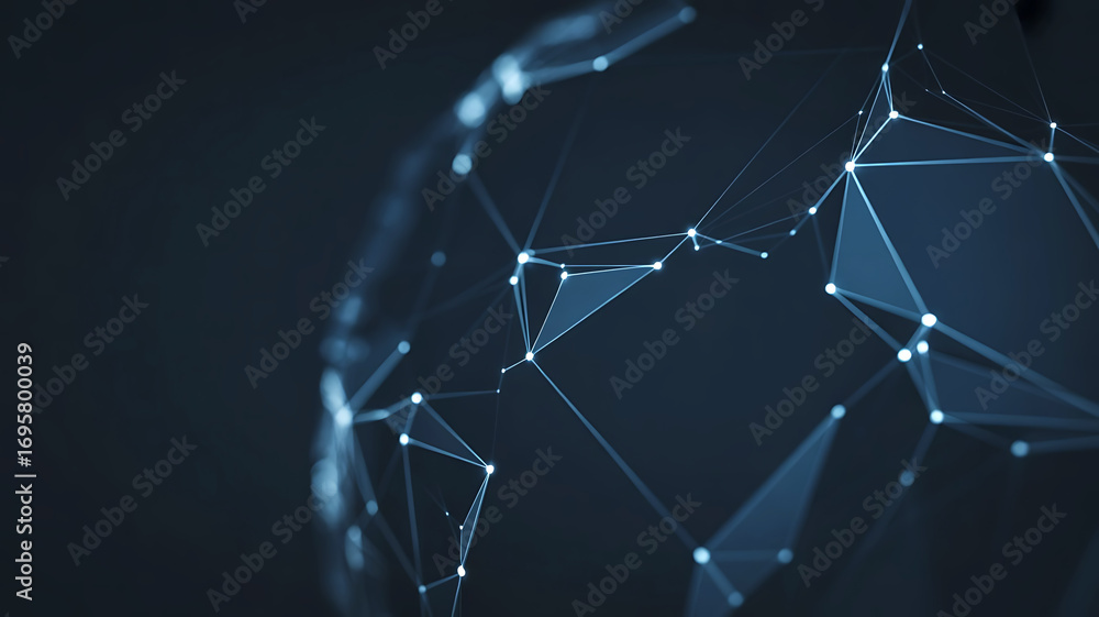 Poster abstract digital network globe with glowing connections and geometric shapes on dark background
