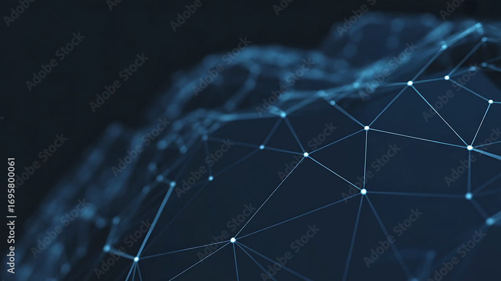 Poster abstract glowing blue digital network sphere with interconnected nodes and lines on a dark backgroun