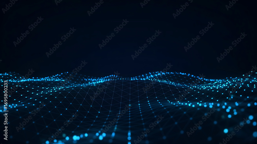 Poster abstract digital wave of glowing blue particles flowing across a dark background representing data a