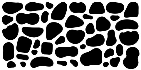 Black organic oval and round shapes set. Blob and spot deform silhouettes. Unique black and white cowhide pattern with irregular shapes and designs. Set of black organic, irregular, and amorphous.