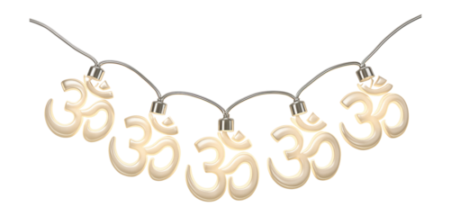 String of om symbol-shaped bulbs with silver wire