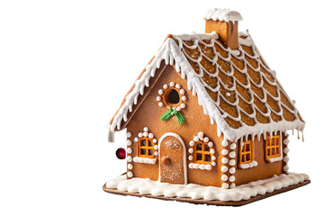 Homemade gingerbread house decorated with white snowy conifer forest scene, model fir trees, icing sugar snow, on transparent background