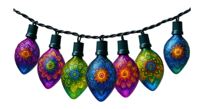 String of mandala-shaped bulbs with multicolor accents