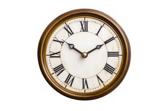 Classic round wall clock with Roman numerals and brass frame isolated on a transparent background time