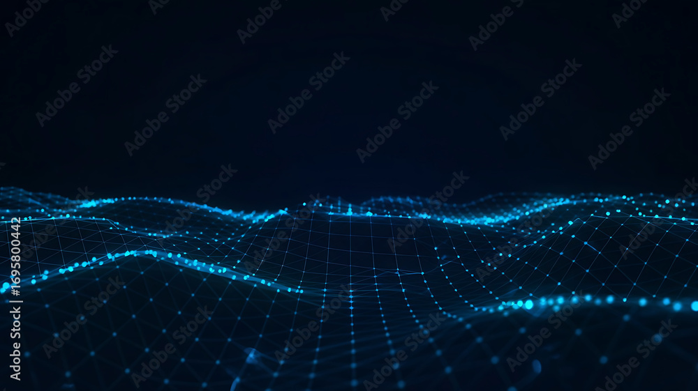 Poster abstract flowing blue digital wave patterns with glowing particles against a dark background