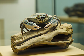 A crab perched on a piece of driftwood giving a sense of adventure and travel