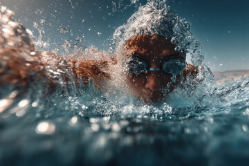 A swimmer gracefully moves through the water, captured in an amazing underwater action shot.