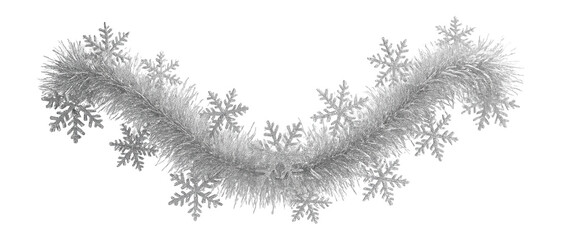 Silver tinsel garland with snowflake-shaped details and sparkling look