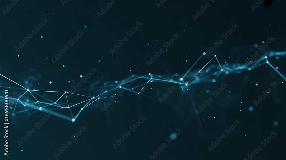 Poster abstract glowing blue digital network structure with glowing particles on a dark background