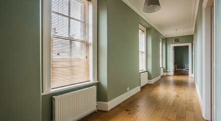 Serene Hallway with Sage Green Walls and Natural Light
