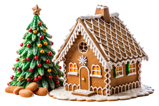 Homemade gingerbread house decorated with white snowy conifer forest scene, model fir trees, icing sugar snow, on transparent background - Powered by Adobe